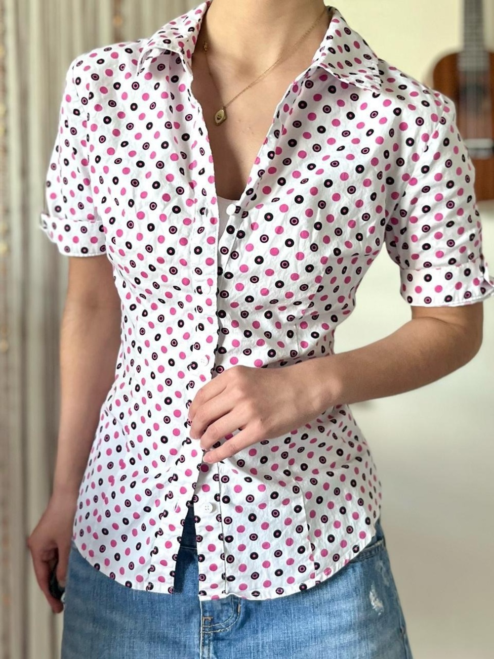 so wear it declare it polka dot short sleeve button up shirt